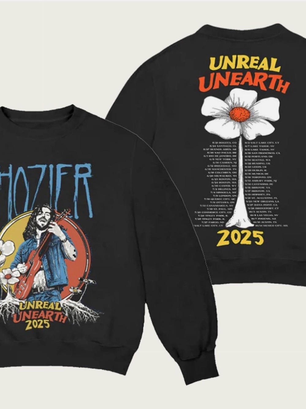 Hozier Black "Unreal Unearth 2025" Flower Tour Graphic Crewneck Sweatshirt